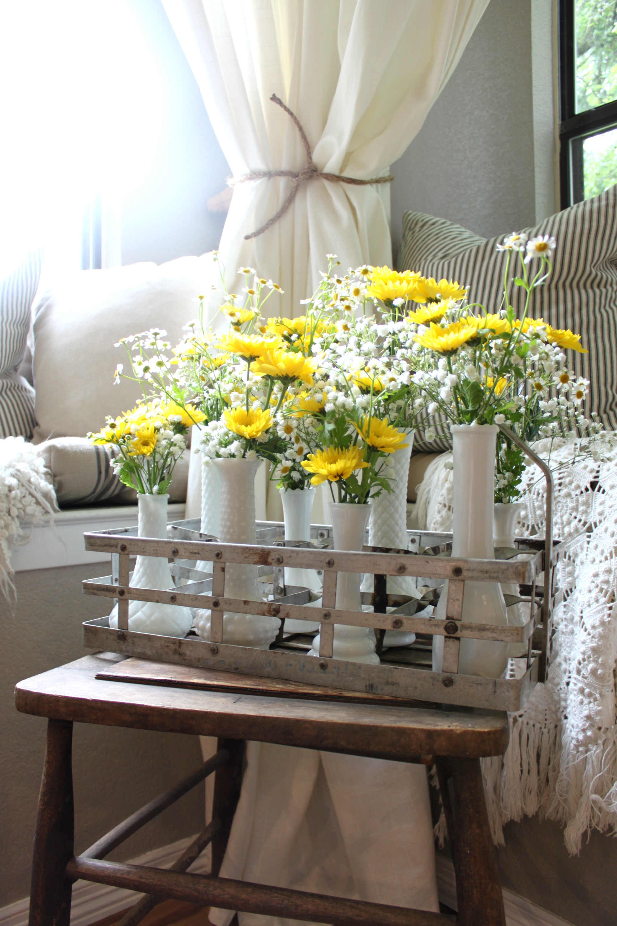 Milk Glass Vases + Milk Bottle Holder Floral Arrangement - an inspired nest