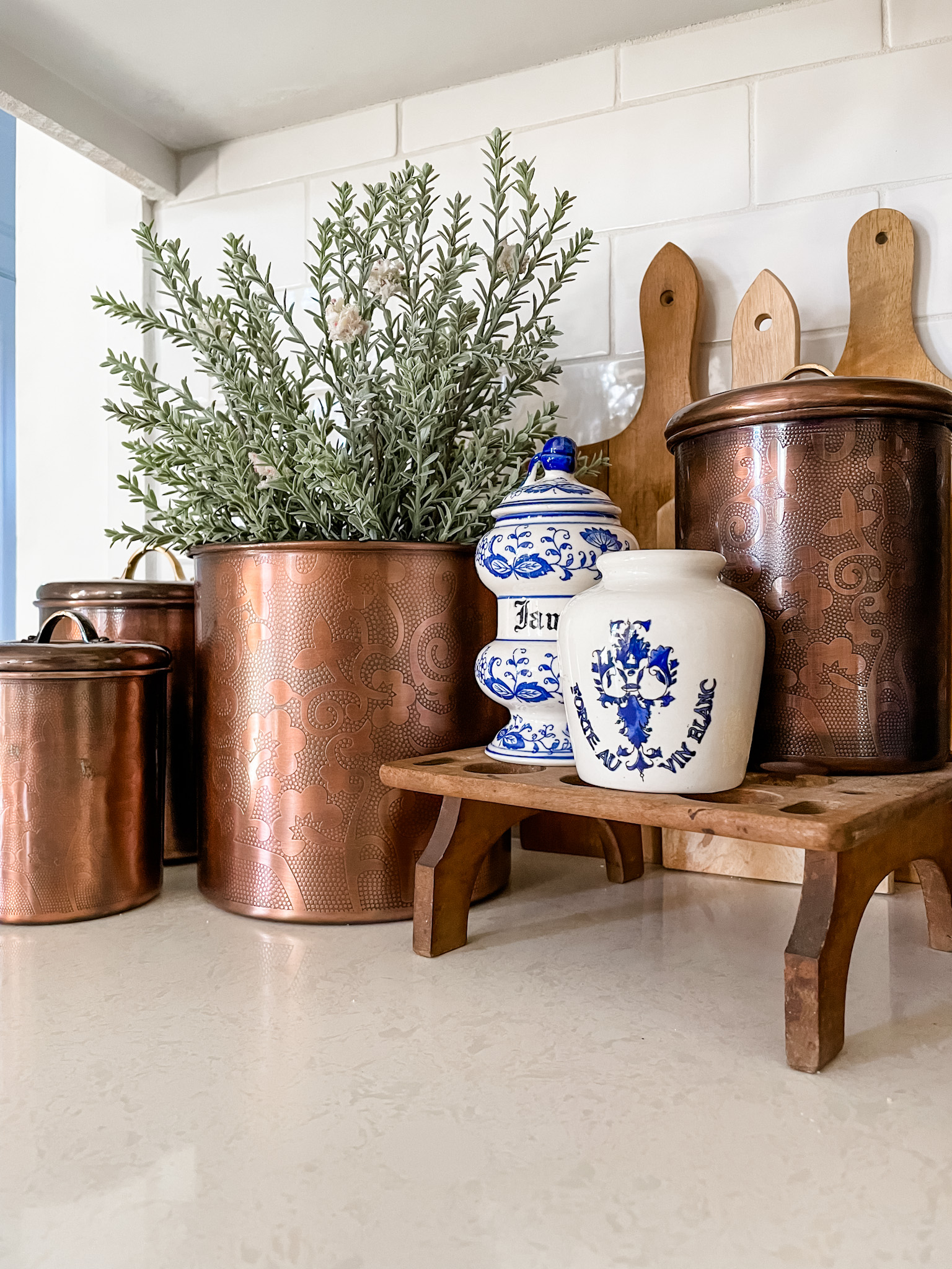 Vintage inspired kitchen counter canisters.